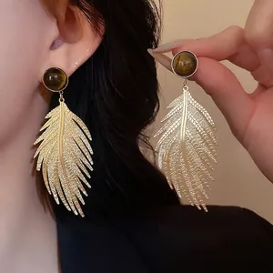 Vintage Gold Plated Copper Leaf Drop Earrings with Artificial Tiger Eye Stone for Women Retro Chic Autumn Winter Jewelry