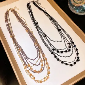 Retro Multi-layer Beaded Necklace Elegant Glass Beads Choker Geometric Alloy Electroplated Women Fashion Jewelry Necklace