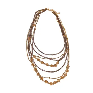 Elegant multi-layered necklace with amber glass beads and gold-tone chains.
