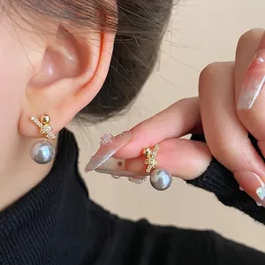 French Style Real Gold Plated 925 Sterling Silver Post Zirconia Grey Artificial Pearl Stud Earrings For Women Elegant Jewelry