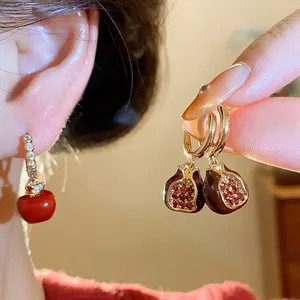 18k Gold Plated Copper Zirconia Apple Pomegranate Drip Oil Earrings Elegant Fruit Stud Earrings For Women Fashion Jewelry