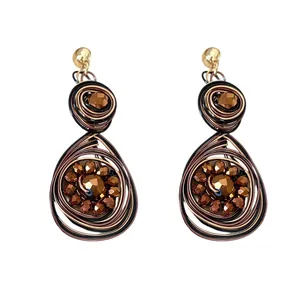 Pendientes colgantes vintage de alambre con cuentas de vidrio bronce facetadas diseño elegante