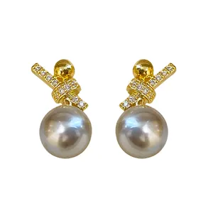Luxury 14K gold plated stud earrings with micro-pave zircon and grey pearls for women