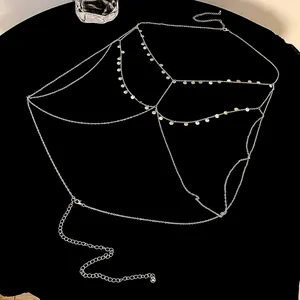 Detail view of a multi-layer silver body chain with small sequin charms