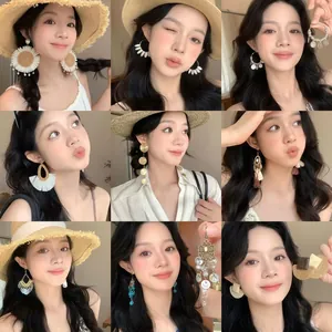 Handmade Alloy Flower Drop Earrings With Raffia Shell Artificial Pearl Bohemian Beach Vacation Style Oversized Earrings For Women