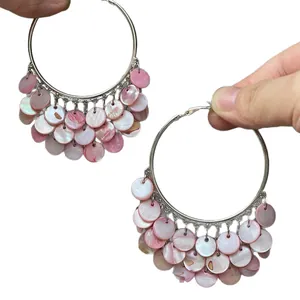 Bohemian style pink shell disc dangle hoop earrings for stylish seaside beach vacations