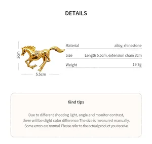 Detailed view of the gold rhinestone horse brooch with material and size specifications.