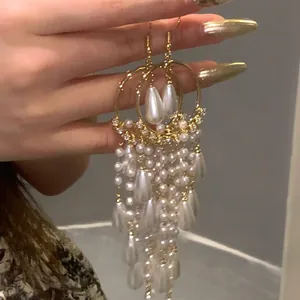 French Palace Style Long Tassel Drop Earrings For Women Gold Plated Alloy With Artificial Pearl And Rhinestone 925 Sterling Silver Earring Post Vintage High-end Jewelry