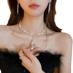 Elegant silver-toned zircon water drop choker necklace with matching earrings