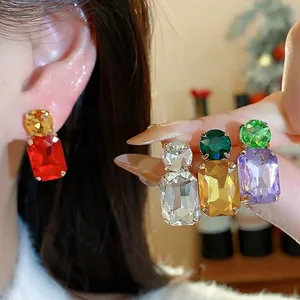 Elegant square gemstone stud earrings in multiple colors with silver needles for women