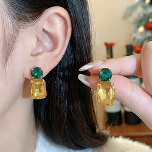 Elegant green and yellow crystal square stud earrings with silver needles