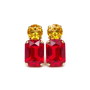 Luxurious sparkling ruby red and citrine yellow rectangular gemstone earrings in gold