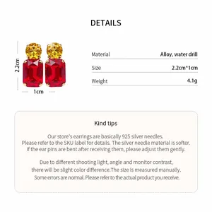 Detailed view of red crystal stud earrings with size and material specifications