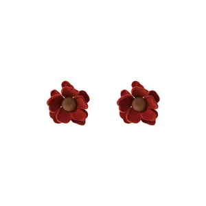 Elegant red flocked flower stud earrings with silver needles for autumn and winter styles