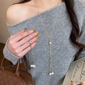 Elegant Copper Zirconia Artificial Pearl Lariat Necklace For Women Minimalist Adjustable Long Sweater Chain Jewelry Accessories