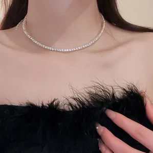 Elegant silver zircon tennis choker necklace worn by an Asian model for a luxury look.