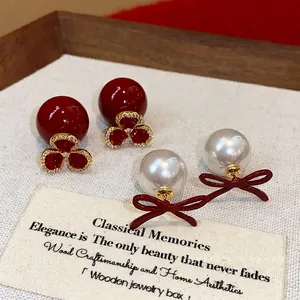 Vintage Red Floral Bowknot Pearl Earrings Luxury Elegant Alloy Rhinestone Stud Earrings With Silver Earring Post For Women Jewelry