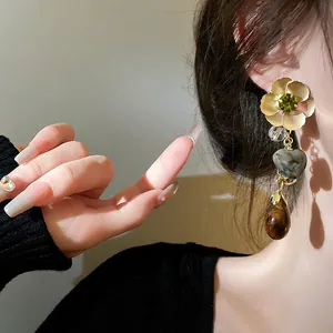 Elegant floral heart dangle earrings with crystal and brown bead accents for women