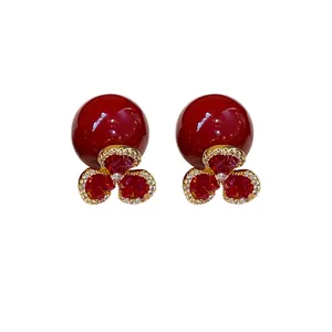 Elegant red pearl flower earrings with silver needles and crystal accents in vintage style