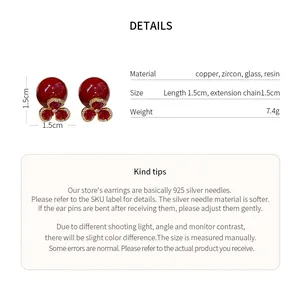 Detailed view of red bead flower drop earrings with size and material specifications