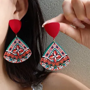 Vintage Ethnic Style Acrylic Printed Triangle Drop Earrings With Silver Earring Post Bohemian Colorful Geometric Jewelry For Women