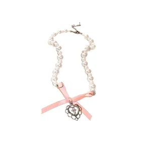 Sweet pink bow faux pearl necklace with heart cross pendant for elegant women style