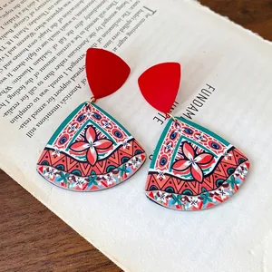 Vintage ethnic style acrylic printed geometric dangle earrings with red triangular studs
