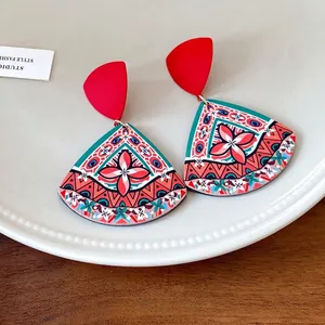 Vintage ethnic style printed acrylic dangle earrings with vibrant floral patterns
