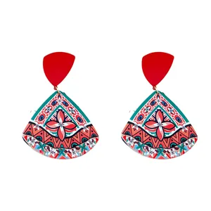 Vintage ethnic style acrylic triangle drop earrings with vibrant printed floral patterns