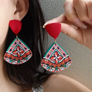 Retro ethnic style acrylic printed triangle drop earrings for women fashion jewelry