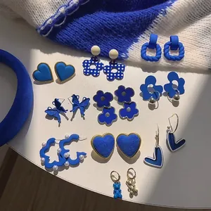 Klein Blue Silver Earring Post Fashion Earrings For Women Korean Style Floral Heart Butterfly Geometric Drop Stud Earrings Niche Design Jewelry