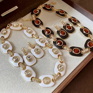 Vintage Luxus Legierung Emaille Strass Oval Gliederkette Und Ohrringe Schmuck Für Damen Elegante Schlüsselbeinkette Accessoires