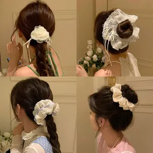 Detailed views of four Korean-style lace fabric scrunchies on different hairstyles.