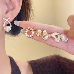 Elegant silver needle pearl and rhinestone stud earring set with various geometric designs