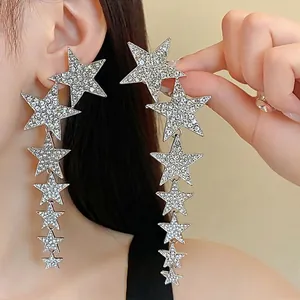Long Star Tassel Drop Earrings For Women Fashion Elegant Rhinestone Inlaid Alloy Earrings With Silver Earring Post Jewelry