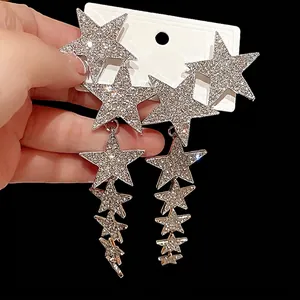 Sparkling rhinestone star tassel earrings with long drop design for elegant women