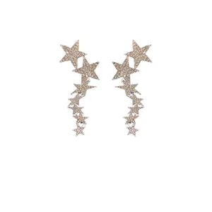 Elegant crystal-encrusted cascading star tassel earrings in silver-tone finish for women