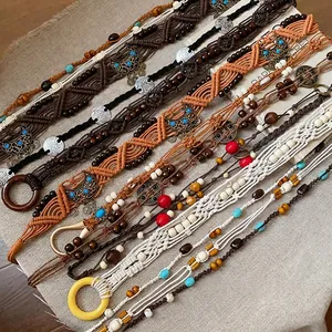 Bohemian braided waist chain with wood beads and turquoise accents