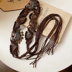 Bohemian braided hemp rope waist chain with wooden beads and antique crescent charms