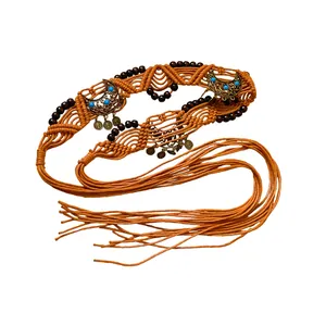 Bohemian ethnic style woven hemp rope belt with wooden beads and crescent charms
