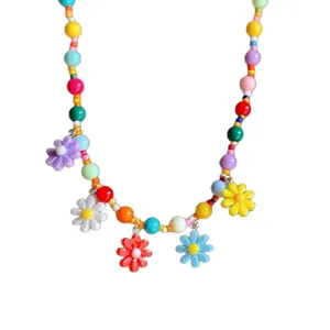 Handmade colorful dopamine style beaded necklace featuring vibrant acrylic flower pendants for women