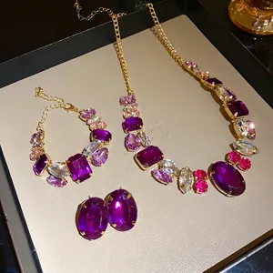 Vintage Gold Plated Copper Rhinestone Jewelry Set For Women Purple Oval Crystal Necklace Bracelet Earrings Wedding Party Jewelry