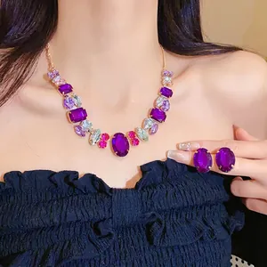 Elegant purple crystal necklace and oval stud earrings jewelry set for women