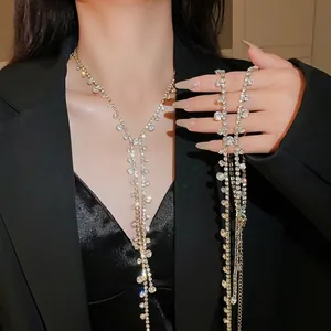 Luxury Geometric Round Rhinestone Tassel Necklace For Women European Style Y-Shape Long Pendant Necklace Jewelry Gift