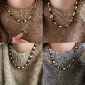 Vintage Alloy Tiger Eye Style Pendant Necklace For Women Retro Floral Artificial Pearl Rhinestone Electroplated Sweater Chain Jewelry