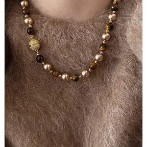 Vintage tiger eye stone and pearl necklace for women, elegant autumn sweater chain