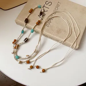 Bohemian multilayer hemp rope braided waist chain with colorful round wooden beads