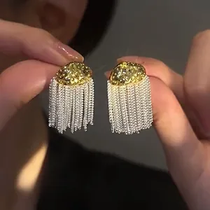 French style niche pleated gold studs with elegant silver tassel chains for women