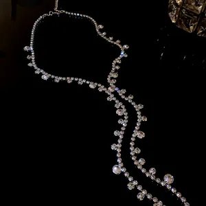 Detailed macro shot of a silver rhinestone tassel necklace with circular crystals