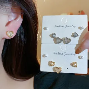 Luxury 18k gold plated zircon heart and pearl stud earring set with sterling silver needles